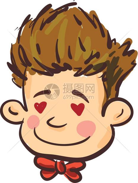 一个被爱情卡在卷头发男孩穿着红弓领带矢量彩色绘画或插图
