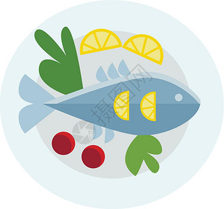盘子彩绘一盘全鱼食物和绿色蔬菜病媒彩绘画或插图插画