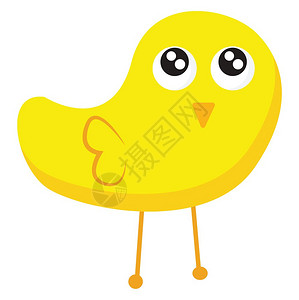 一只鸟一只可爱的黄色鸟上面有奥瓦尔形的躯体尾端有两只眼睛心形的翅膀反向三角形比如鼻子和像刺一样的腿向量彩色画或插图插画