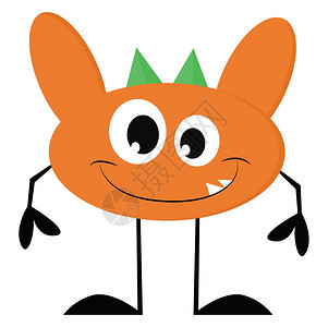 橙色怪物大耳朵两个绿角和尖牙矢量彩色画或插图图片