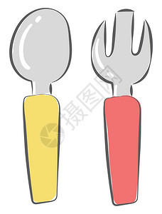 银勺子有黄色把手银叉子有红色柄矢量彩图画或插图片