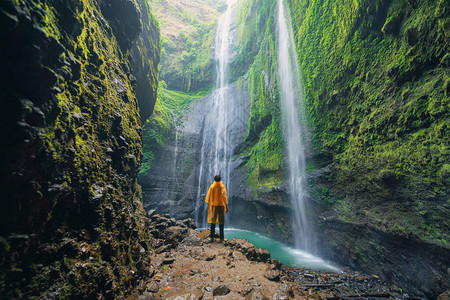 一个快乐的旅游者观看着马达卡里普拉瀑布爪哇岛最高的瀑布自然景观背印尼的旅行和假期冒险生活方式图片