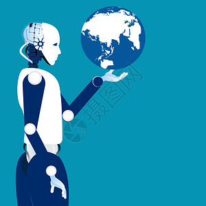 全球化时代机器人手中的地球机器人概念和自动化矢量插图图片