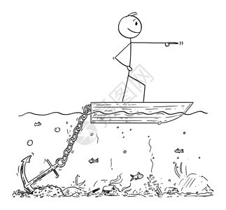 矢量卡通棒图绘制自信的人或商站在小船上指向前进的概念图但Don由于大锚困在海底而移动图片