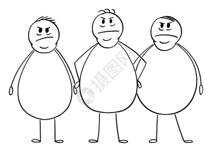 矢量卡通棒图绘制三个愤怒超重或胖男子群体的概念说明图片