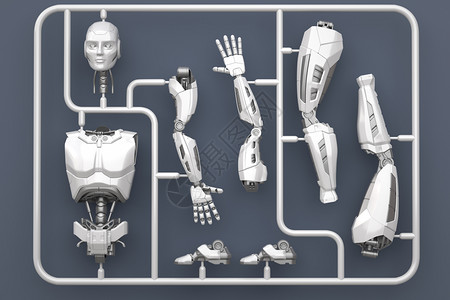 装有未来机器人部件的模型工具包3D插图背景图片