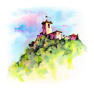 圣马力诺市Titano山脊上的Guaita堡垒或PrimaTorre水彩色草图图片