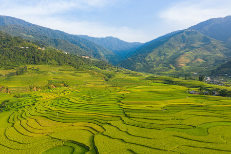 纳帕谷稻田梯MuCangChaiYenBai农村或地区绿色业田亚洲和越南日落时山峰谷的空中最高景象自然观背背景