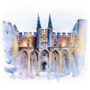 教皇宫殿法国南部阿维尼翁著名的中世纪教皇宫水彩画法国阿维尼翁教皇宫背景