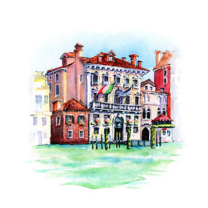 城市水彩意大利威尼斯阳光明媚的日子里大运河用威尼斯哥特风格绘制的Palazzo水彩画背景