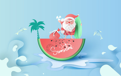 创意纸切工艺圣诞老人穿着泳装站在西瓜上矢量插画图片