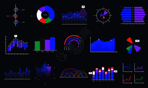图表有色数据统计仪板图和分析演示矢量集商业数据可视化黑背景股票市场图销售分析信息图表黑背景营销图分析图片