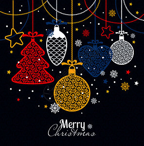 新年贺卡圣诞快乐明亮的新年和在蓝色背景和雪花的玩具新年和贺卡圣诞快乐图片