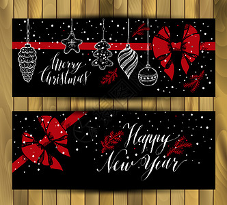 新年书玩具手画在黑色和红弓的风格上圣诞节的矢量欢迎标语在木本背景上封条设置圣诞节的矢量贺语标图片