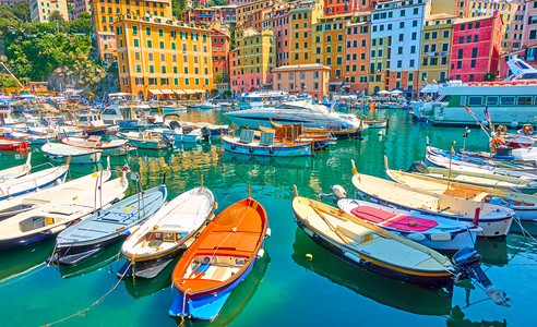 意大利热那亚阳光明媚的夏日在卡莫格利港的多彩建筑物和渔船图片