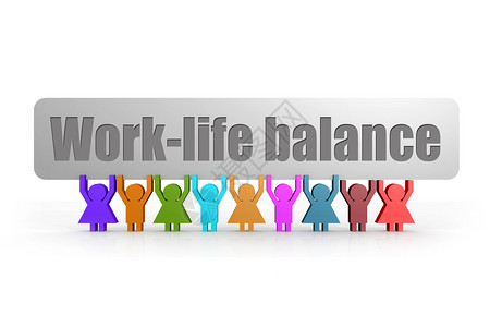 在木偶集团手中的横幅上写着工作生活平衡的词汇3D图片