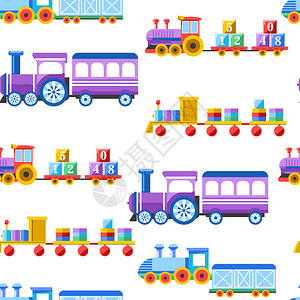 为幼稚园男童设计无缝模式的玩具火车配有儿童玩具和物的具火车配有球金字塔构造器和马车字母立方体的矢量孤固定图标列车配有儿童玩具和物图片