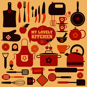 多彩图标厨房工具的图标餐厅背景插画