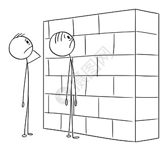 矢量卡通插图描绘两个无助或困惑的男子商人在看墙阻碍他们走向职业或成功矢量卡通插图两个无助或困惑的男子商人在看墙成功或事业道路上的图片