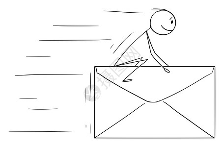 矢量卡通插图绘制人类或商坐和骑超快飞行信邮件或封的概念图通信图片