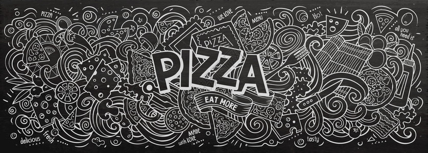 披萨手画卡通涂鸦图皮扎亚奇物和元素设计创意艺术背景线画矢量横幅比萨手画卡通涂鸦图线画图片