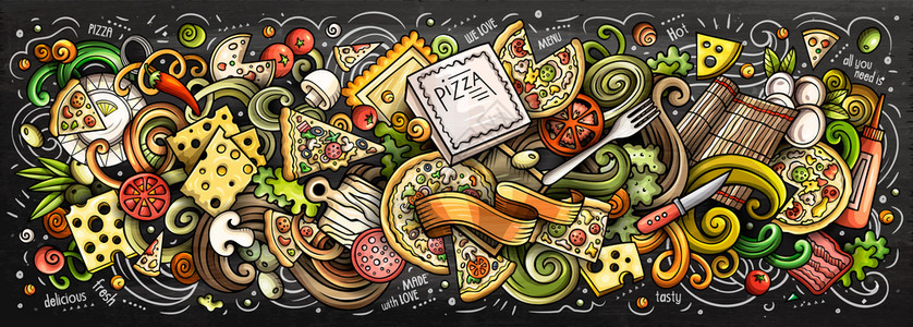 披萨手画卡通涂鸦插图皮兹拉滑稽物品和元素设计创意艺术背景色彩多的矢量横幅色彩多的矢量横幅图片