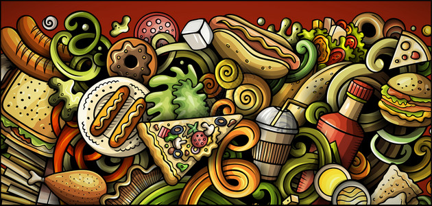 fastfoodhand绘制了涂鸦横幅卡通详细插图带有对象和符号的快速食物特颜色矢量设计要素背景快速食物手绘制了涂鸦横幅图片