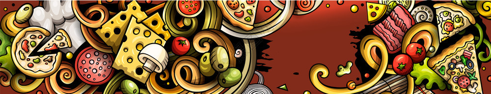 披萨手画的涂鸦横幅卡通详细传单与物品和符号的皮兹拉特食品插图颜色矢量设计要素背景卡通详细传单图片