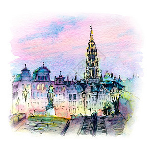 比利时布鲁塞尔日落市政厅和MontdesArts地区水彩色草图比利时布鲁塞尔日落图片