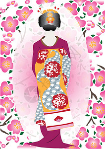 樱花矢量樱花或背景身着日本服饰和的女孩背景