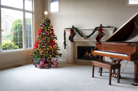 明亮的圣诞树白天在家里放着发光的壁炉图片
