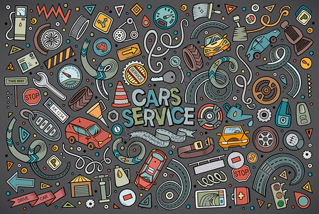 绘制标有汽车物体和符号的涂鸦漫画集图片