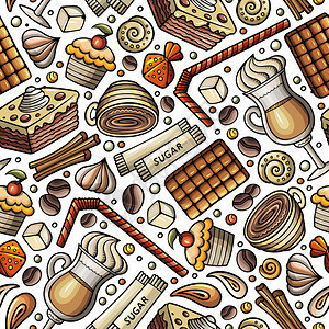 卡通咖啡馆茶叶甜食元素背景插画图片