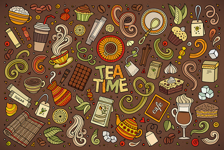 彩色矢量手画的多彩图包括茶叶和咖啡主题物品和符号图片