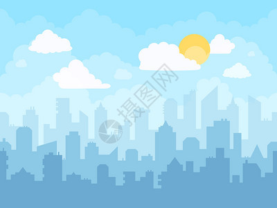 卡通蓝色天空城市背景矢量插图图片