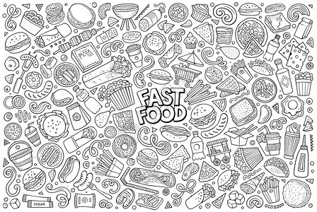 线条矢量手工绘制的涂鸦卡通上面有快食物品和符号图片