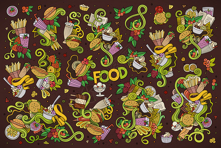 多彩的矢量手工绘制涂鸦食品物和符号的卡通漫画集图片