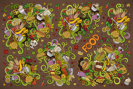 多彩的矢量手工绘制涂鸦食品物和符号的卡通漫画集图片