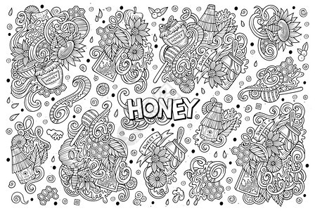 矢量手绘制了蜂蜜主题项目对象和符号的涂鸦漫画集蜂蜜主题设计要素的矢量漫画集图片