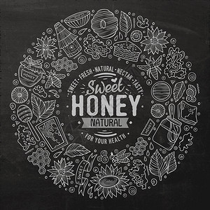 粉笔板矢量手工绘制的蜂蜜卡通涂鸦物件符号和品圆形框架构成图片
