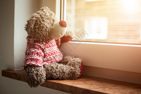 可爱的泰迪熊坐在窗台上望外阳光照耀图片