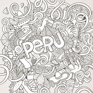 秘鲁手写文字和涂鸦元素符号背景矢量手绘制草图图片