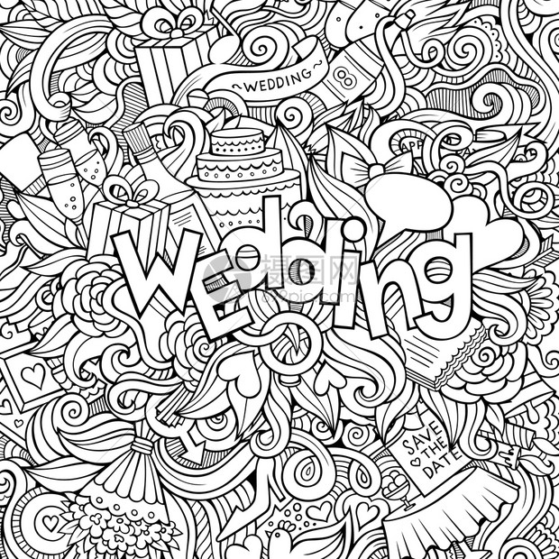 卡通可爱的面条手工绘制婚礼标记用姻主题项目进行切插图线条艺术详细有许多对象背景有趣的矢量艺术作品卡通可爱的面条手工绘制婚礼标记图片