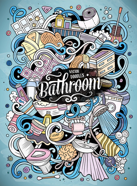 手绘涂鸦线条彩色浴室厕所用品图集插画图片