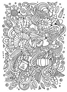 卡通手工绘制的Doodle感恩节带有物品和符号的Ketchy设计背景手工绘制的Doodle感恩节图片