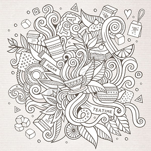 手工绘制茶叶时间背景茶叶手写字母和涂鸦元素背景图片