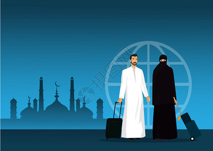 带手提箱的清真寺背景穿越机场的图片