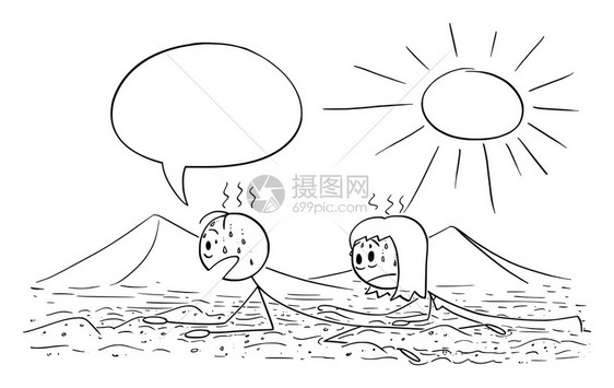 描绘一对夫妇旅游者或行在太阳上的热沙漠爬或的概念图矢量卡通插Man正在说些什么图片