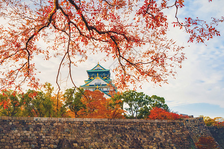 大阪城堡建筑秋季有多彩的木叶或落多彩的树木京都市关西日本建筑景观背著名的旅游点图片