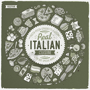 意大利食品漫画符号和物品圆框构成图片